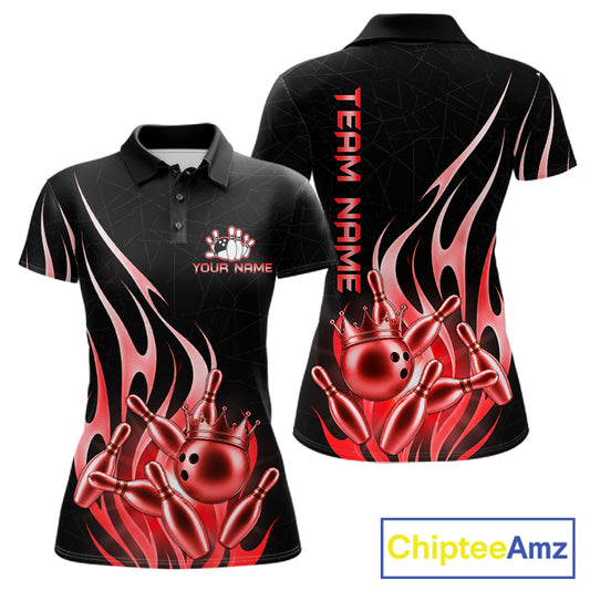 Black and red bowling ball crown bowling team polo shirt for women with flame bowling graphics.