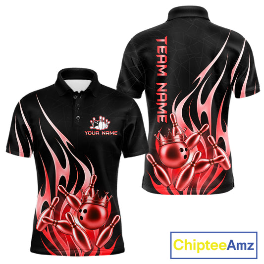 Black and red bowling ball crown bowling team polo shirt for men with flame bowling graphics.