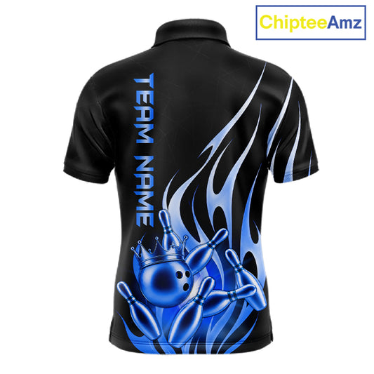 Black and blue bowling ball crown custom bowling polo shirt for men, flame bowling team jersey for tournaments.
