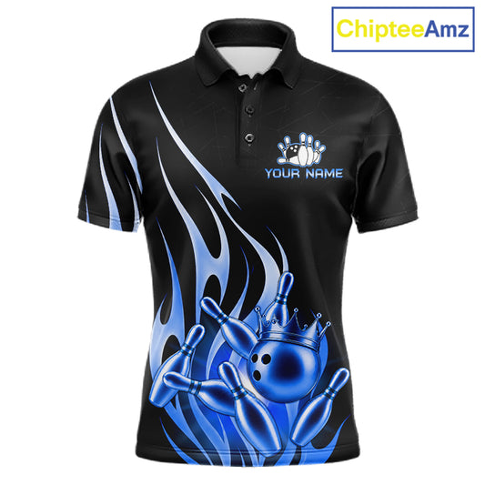 Black and blue bowling ball crown custom bowling polo shirt for men, flame bowling team jersey for tournaments.