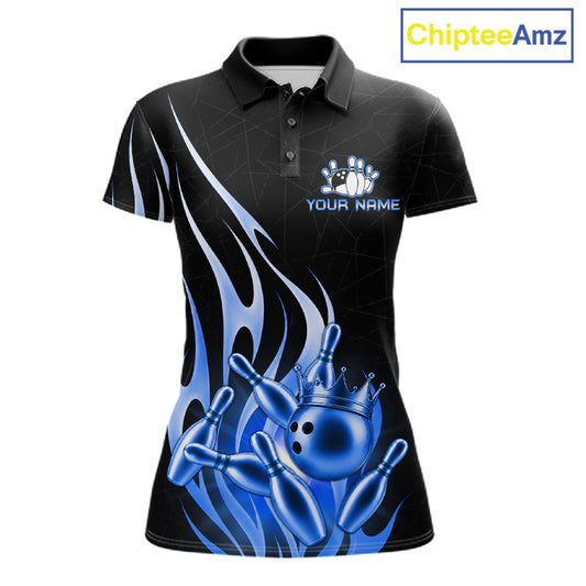 Black and blue bowling ball crown custom bowling polo shirt for women.