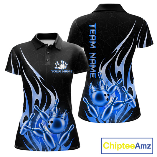 Black and blue bowling ball crown quarter zip bowling shirt for women.