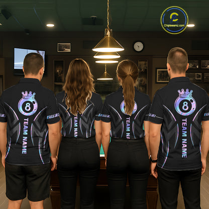 Custom Holographic 8 Ball Crown Billiard Shirts For Women, Pool Team Jersey Polo & 1/4 Zip |Black TDM6191