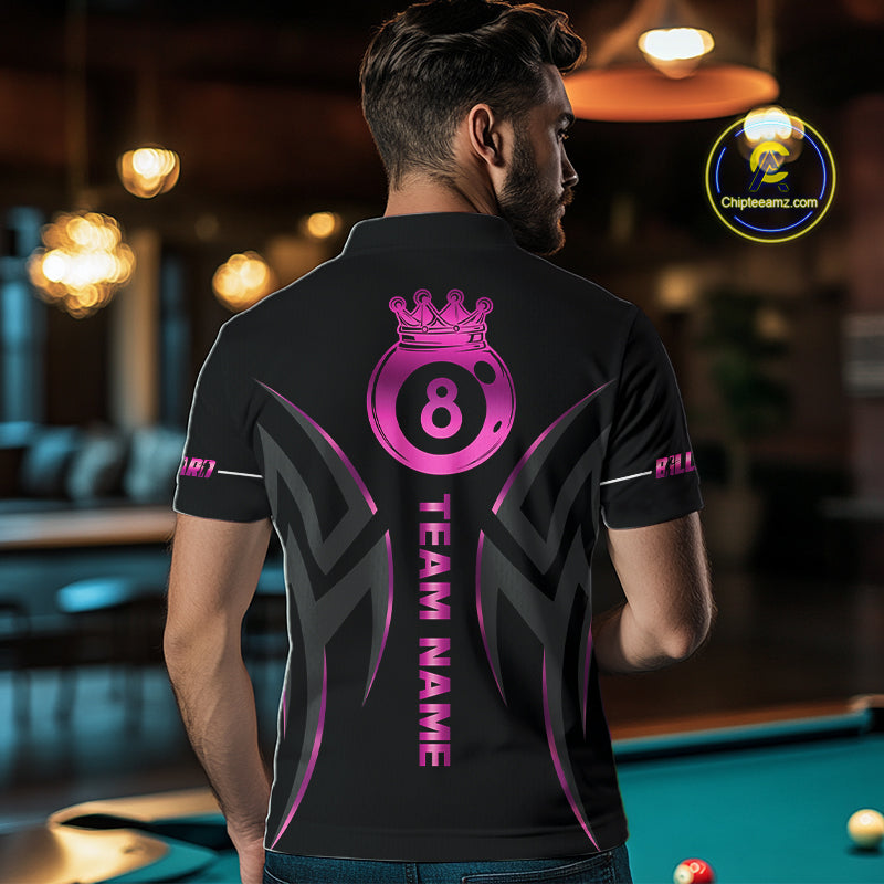 Custom Pink 8 Ball Pool Crown Billiard Shirts For Men, Billiard Team Jersey Polo & 1/4 Zip |Black TDM6193