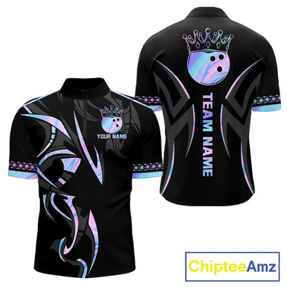 Custom Holographic Crown Bowling Ball Polo & Quarter Zip Shirt For Men, Bowling Team Jersey |Black TDM6196