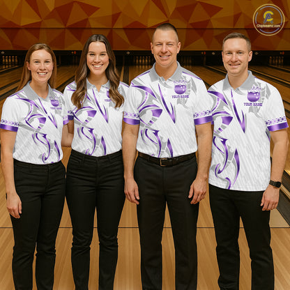 Custom Purple Bowling Ball Crown Bowling Shirt For Women, Bowling Team Jersey Polo & 1/4 Zip |White TDM6199