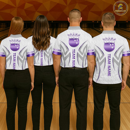 Custom Purple Bowling Ball Crown Bowling Shirt For Women, Bowling Team Jersey Polo & 1/4 Zip |White TDM6199