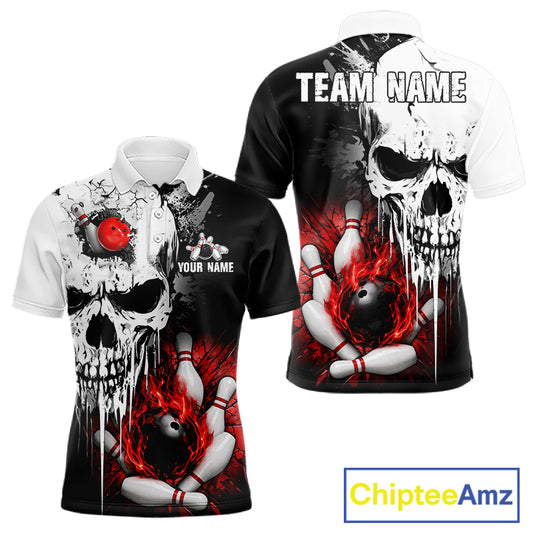 Personalized Red Grunge Skull Bowling Shirt For Men, Bowling League Team Jersey Polo & 1/4 Zip TDM6418