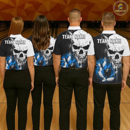 Personalized Blue Grunge Skull Bowling Shirt For Men, Bowling League Team Jersey Polo & 1/4 Zip TDM6419