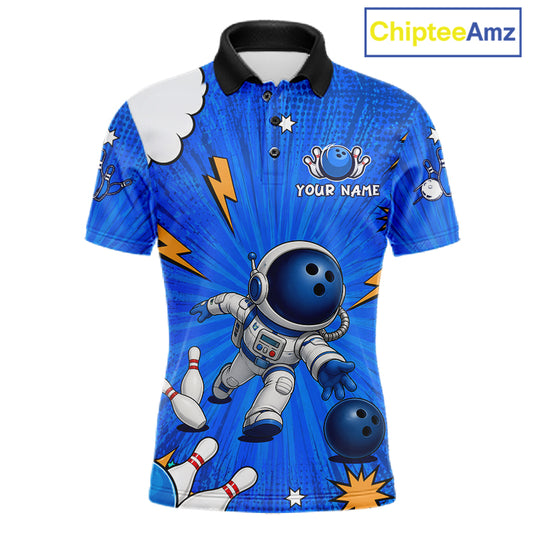 Blue Funny Astronaut Bowling Shirt For Men Custom Bowling Jersey, Bowling Uniform Polo & 1/4 Zip TDM6421