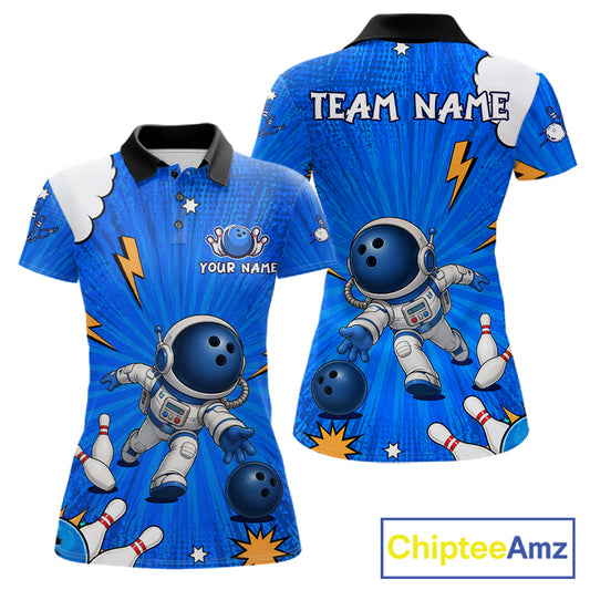 Blue Funny Astronaut Bowling Shirt For Women Custom Bowling Jersey, Bowling Uniform Polo & 1/4 Zip TDM6421