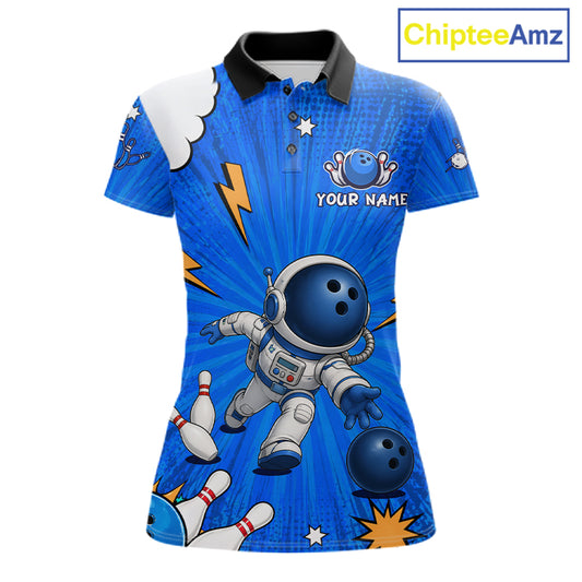 Blue Funny Astronaut Bowling Shirt For Women Custom Bowling Jersey, Bowling Uniform Polo & 1/4 Zip TDM6421