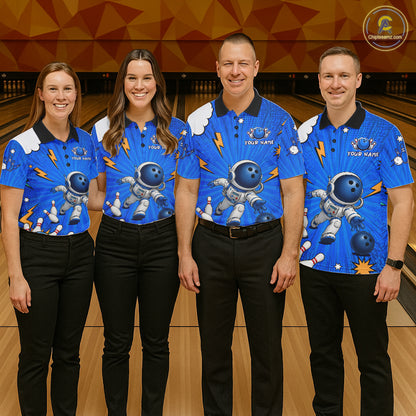 Blue Funny Astronaut Bowling Shirt For Women Custom Bowling Jersey, Bowling Uniform Polo & 1/4 Zip TDM6421