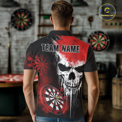 Personalized Red Grunge Skull Darts Shirt For Men Custom Darts Jersey Team Polo & Quarter Zip TDM6430