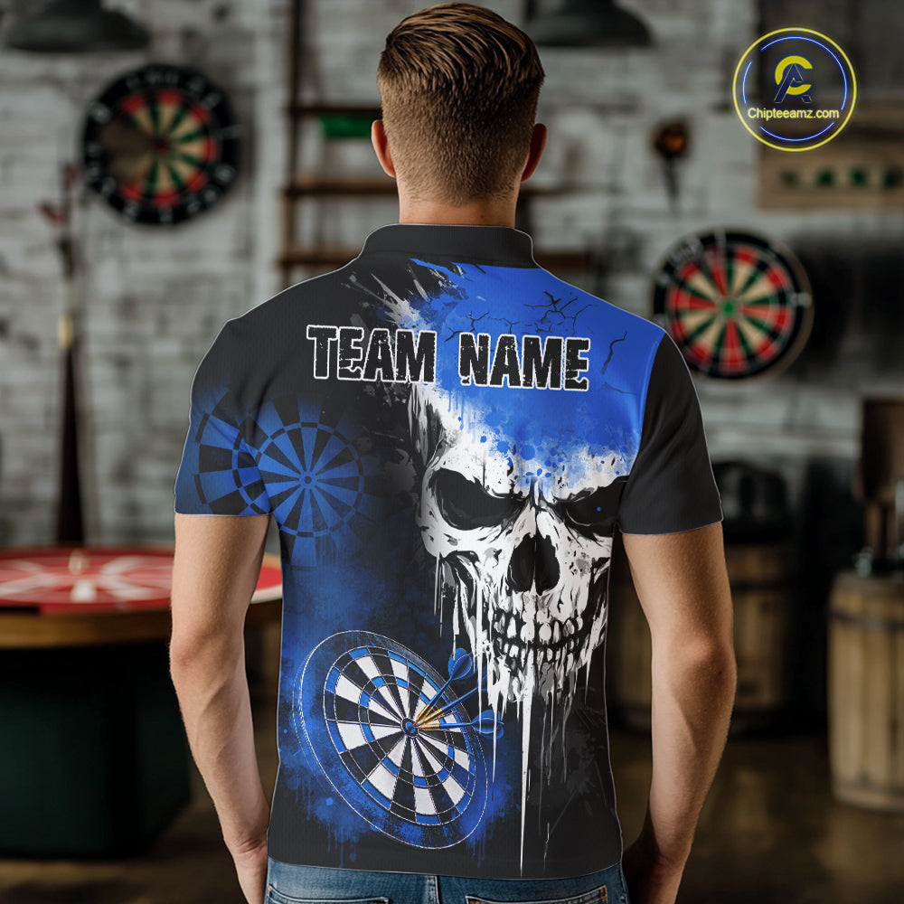 Personalized Blue Grunge Skull Darts Shirt For Men Custom Darts Jersey Team Polo & 1/4 Zip TDM6432