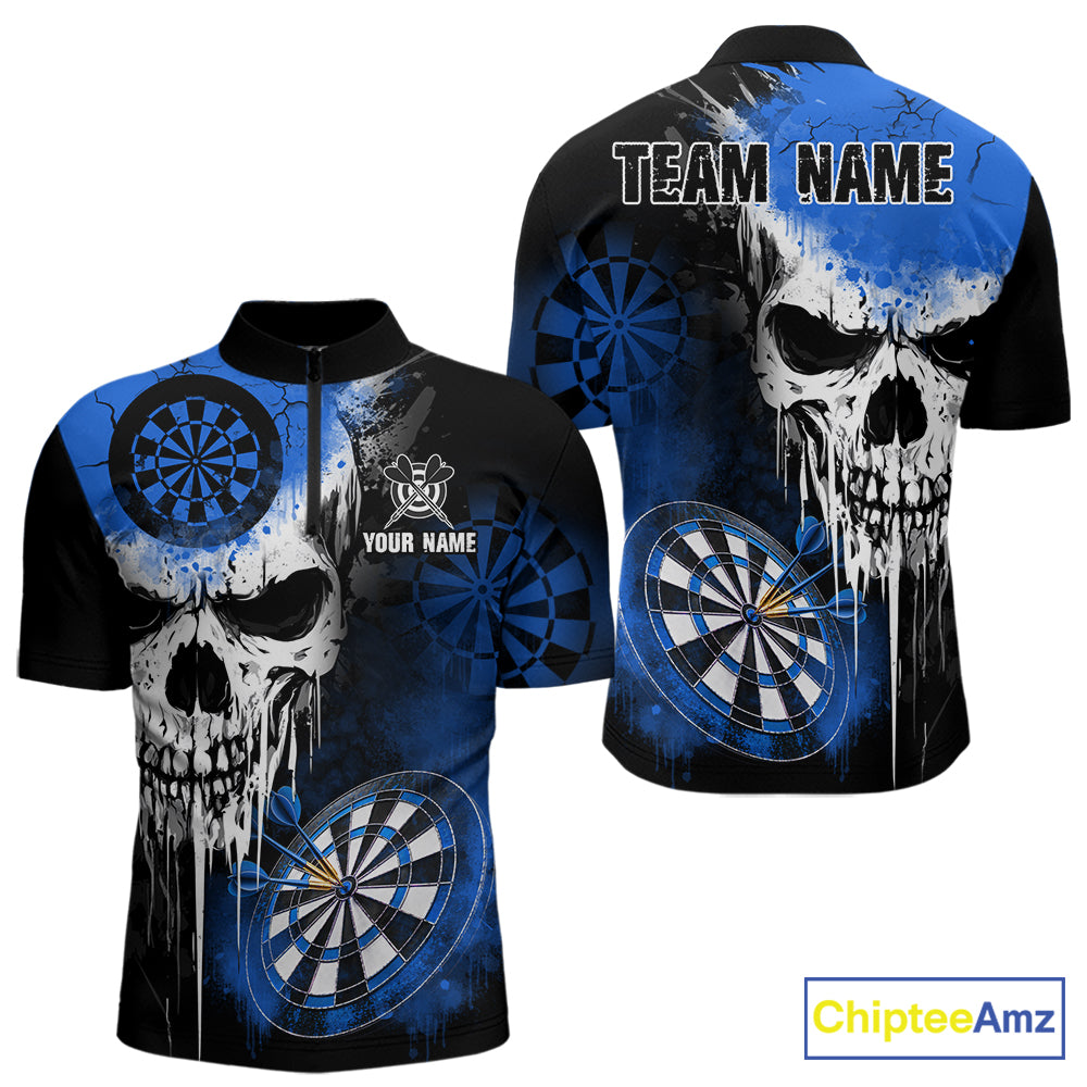 Personalized Blue Grunge Skull Darts Shirt For Men Custom Darts Jersey Team Polo & 1/4 Zip TDM6432