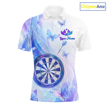 Load image into Gallery viewer, Polo shirt with butterfly and dart design on a pastel background, featuring customizable "Your Name" and "Team Name" 