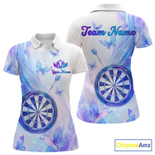 Load image into Gallery viewer, Polo shirt with butterfly and dart design on a pastel background, featuring customizable "Your Name" and "Team Name" 