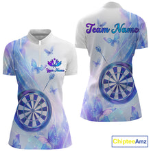 Load image into Gallery viewer, Quarter zip shirt with butterfly and dart design on a pastel background, featuring customizable "Your Name" and "Team Name" 