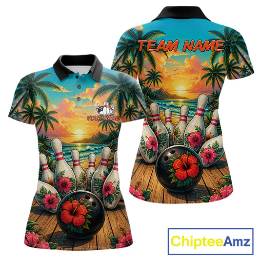 Women' bowling polo shirt featuring a tropical hibiscus and ocean scene design, with customizable player name and team name text.