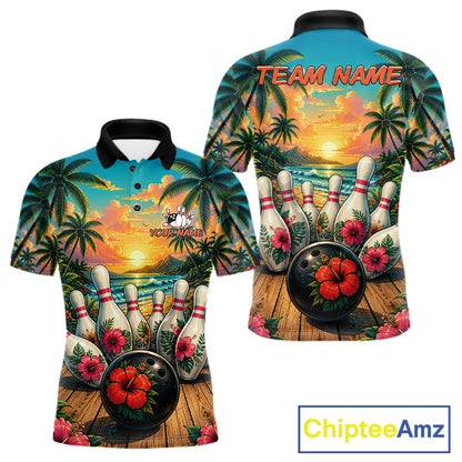 Men's bowling polo shirt featuring a tropical hibiscus and ocean scene design, with customizable player name and team name text.