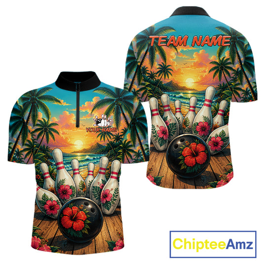 Men's bowling quarter zip shirt featuring a tropical hibiscus and ocean scene design, with customizable player name and team name text.