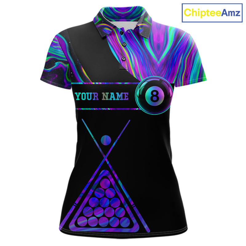 Neon purple blue 8 ball tie dye custom billiard polo shirt for women, pool team jersey and tournament apparel.