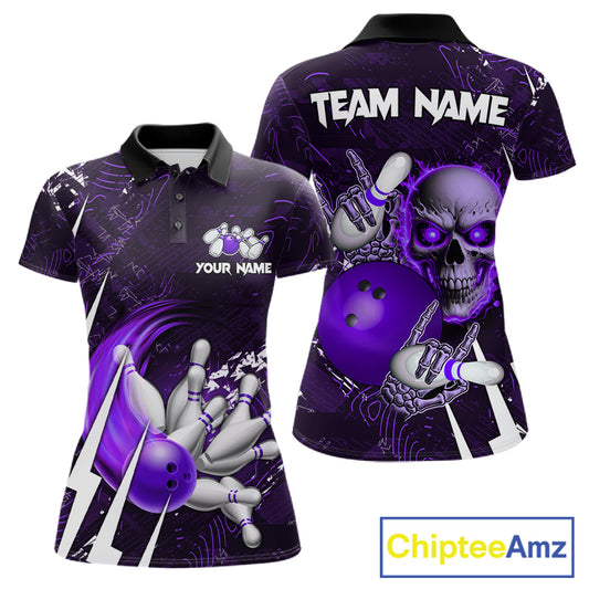 Personalized Skull Bowling Jersey For Women Custom Bowling Team Shirt Polo & Quarter Zip | Purple TDM6207