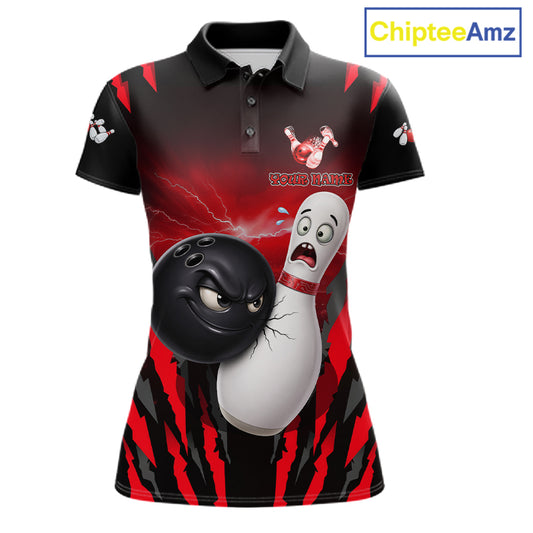 Funny Bowling Ball Custom Black And Red Bowling Shirt For Women, Bowling Team Jersey Polo & 1/4 Zip TDM6210