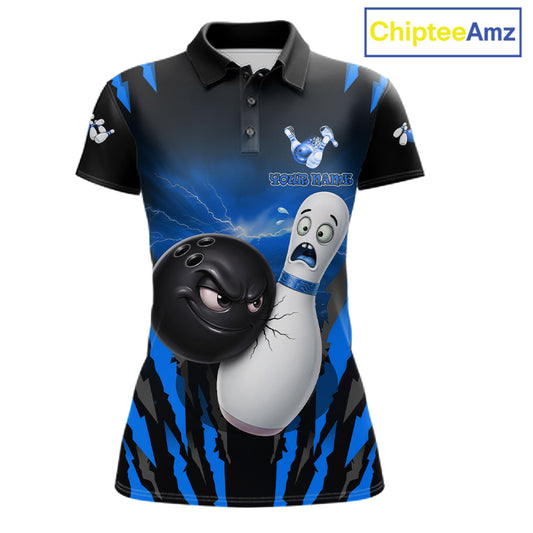 Funny Bowling Ball Custom Black And Blue Bowling Shirt For Women, Bowling Team Jersey Polo & 1/4 Zip TDM6211