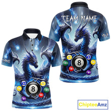 Load image into Gallery viewer, Custom blue dragon pool jersey for men featuring detailed 8 ball billiard artwork.