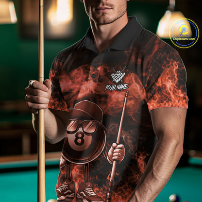 Man wearing a orange 8 ball flame smoke billiard jersey front view.