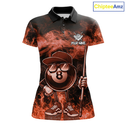 Orange funny 8 ball flame smoke billiard polo shirt for women, custom billiard team jersey uniform.