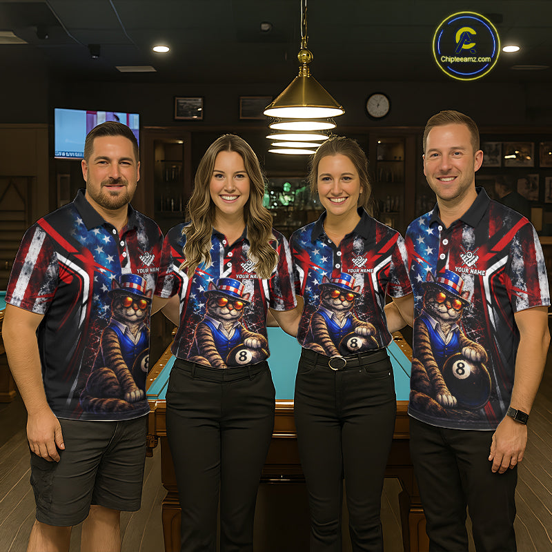 Funny Cat 8 Ball Billiard Shirt For Women Custom Vintage US Flag Pool Team Jersey Polo & 1/4 Zip TDM5983