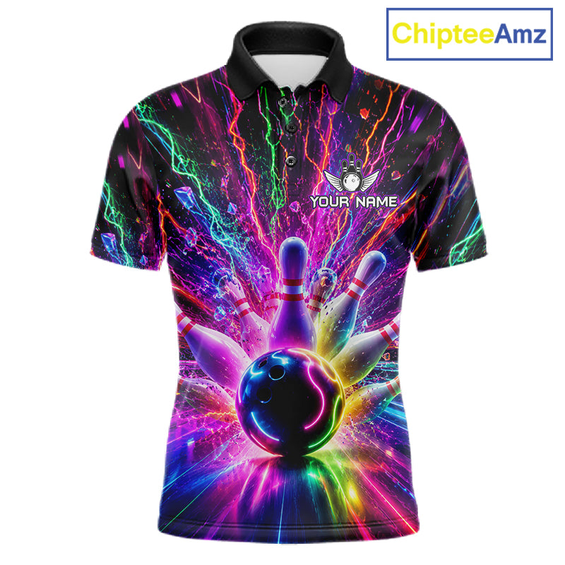 Colorful glowing bowling polo shirt for men, custom bowling team jersey and bowling gift.