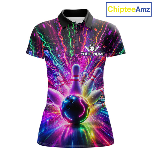 Colorful glowing bowling polo shirt for women, custom bowling team jersey and bowling gift.