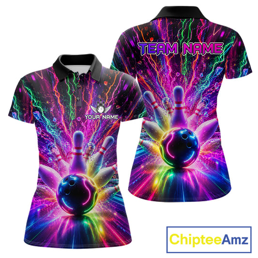 Colorful glowing bowling team polo shirt for women with vibrant neon graphics.
