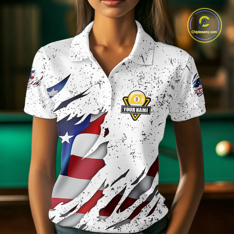 9 Ball Pool US Flag White Grunge Custom Women's Billiard Shirt, Patriotic Billiard Team Jersey TDM5138