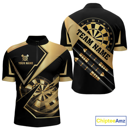 Black And Gold Darts Polo & 1/4 Zip For Men Custom Darts Jersey, Darts Tournament Team Shirt TDM6226