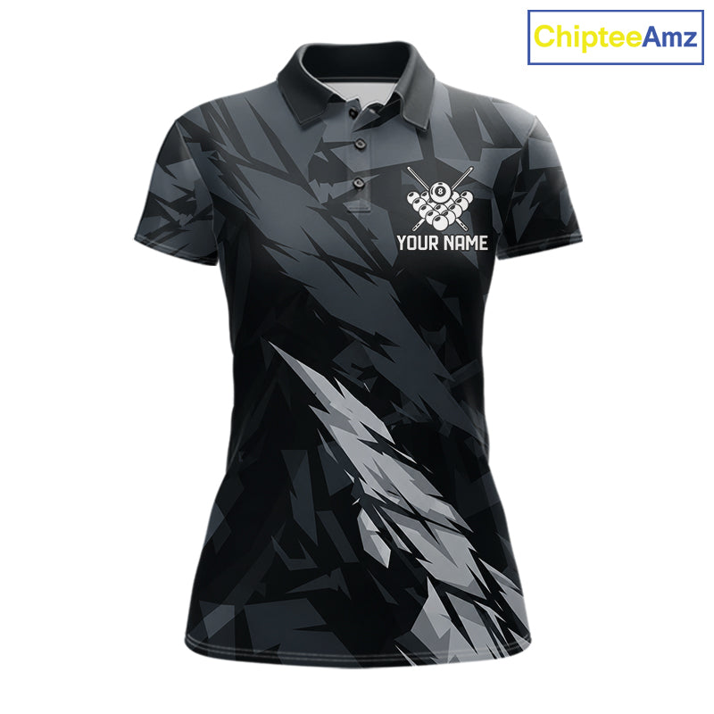 Women’s black and grey 8 ball pool polo shirt with modern billiard league graphics.