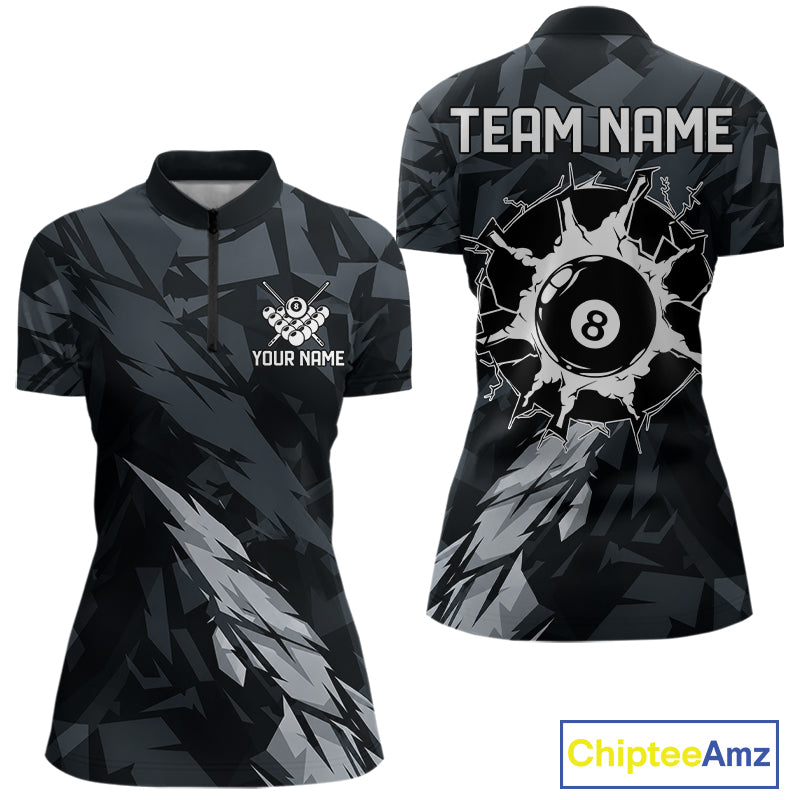 Women’s black and grey 8 ball billiard quarter zip shirt for competitive pool tournaments.