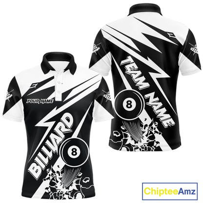 Men’s funny black and white 8 ball pool polo shirt with playful billiard team graphics.