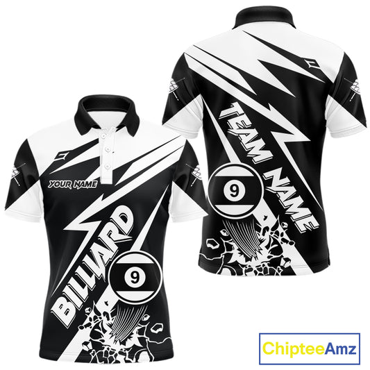 Men’s funny black and white 9 ball pool polo shirt with playful billiard team graphics.