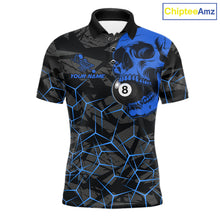 Load image into Gallery viewer, Men’s blue skull 8 ball pool polo shirt with bold billiard league graphics and team style.