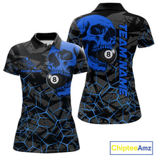 Load image into Gallery viewer, Women’s blue skull 8 ball pool polo shirt with bold billiard league graphics and team style.