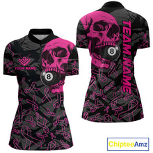 Load image into Gallery viewer, Women’s pink ribbon skull billiard quarter zip shirt designed for tournaments and awareness team matches.