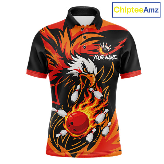 Black and orange flame eagle bowling polo shirt for men, custom bowling team jersey.