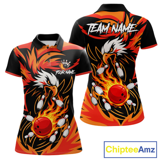 Black and orange flame eagle bowling polo shirt for women, custom bowling team jersey.