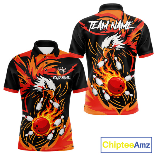 Black and orange flame eagle bowling team polo shirt for men.