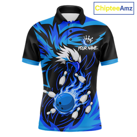 Black and blue flame eagle bowling polo shirt for men, custom bowling team jersey.